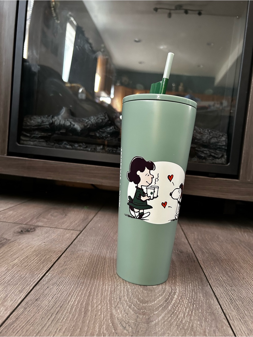 Matte Sage Green Travel Tumbler with Peanuts Artwork and Reusable Straw